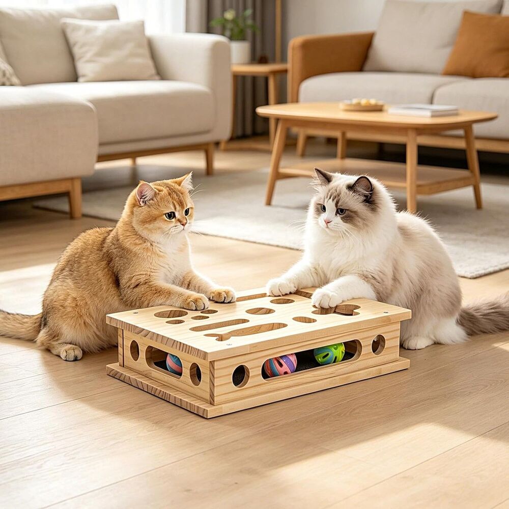 Large Solid Wood Cat Nail File Scratcher & Enrichment Puzzle Box
